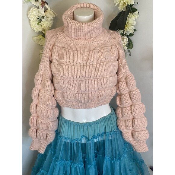 Bubble Gum Pink Turtleneck Cropped Chunky Puffy Sweater Small Medium Trendy EUC‎ - Picture 1 of 16